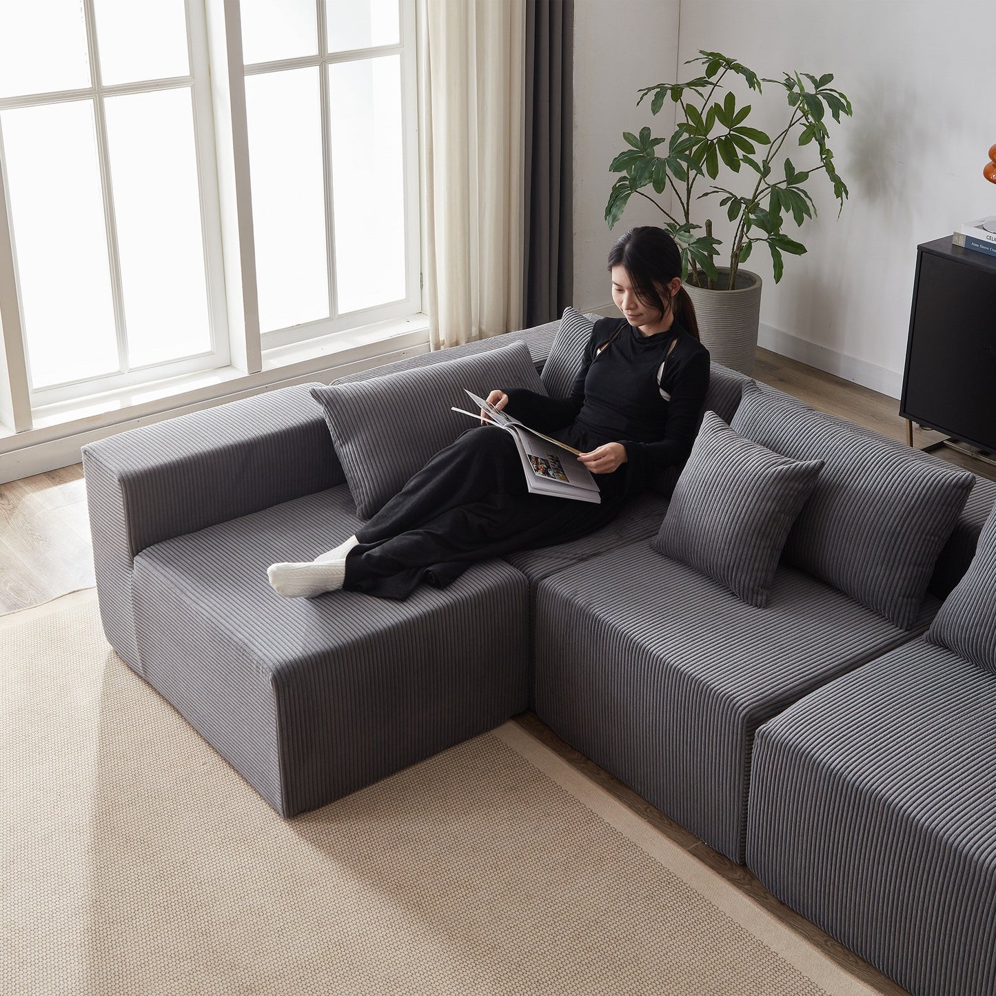 104-Inch Corduroy Modular L Shaped Sectional Sofa,Floor Couch Set,Foam-Filled Compressed Sofa,4 PC Free Combination