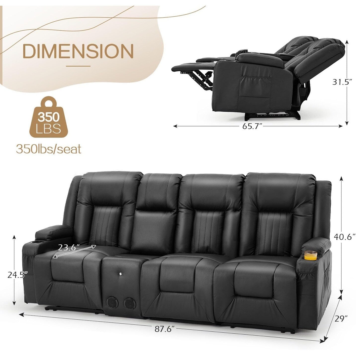 AECOJOY Recliner Sofa Manual RV Reclining Couch PU Home Theater Seating w/ Console