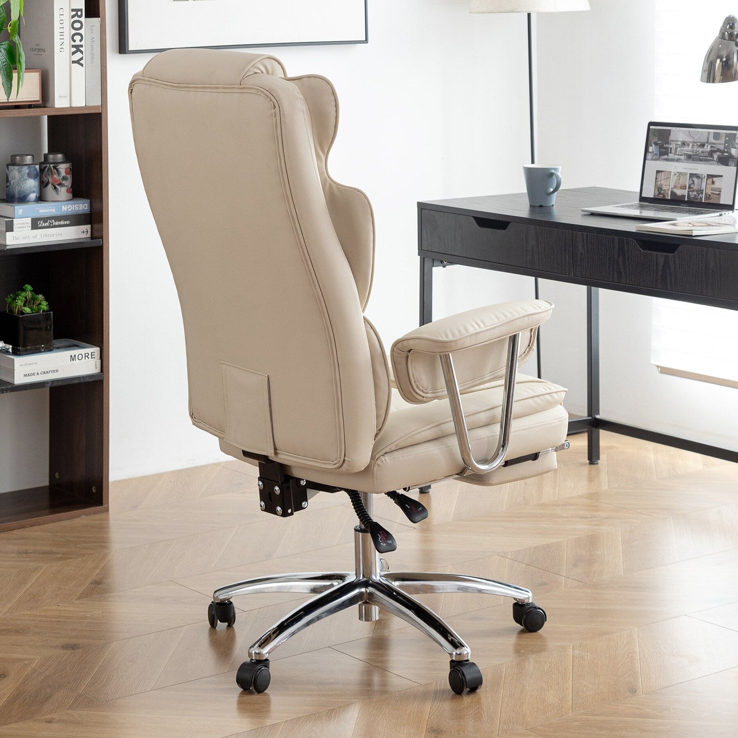 Beige Bonded Leather 360¡ã Swivel Ergonomic High Back Office Recliner with Lumbar Support, Footrest, Adjustable Height