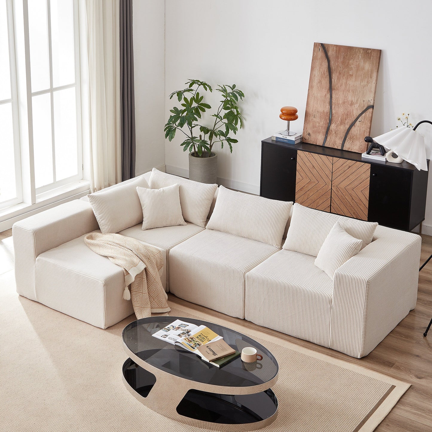 104-Inch Corduroy Modular L Shaped Sectional Sofa,Floor Couch Set,Foam-Filled Compressed Sofa,4 PC Free Combination