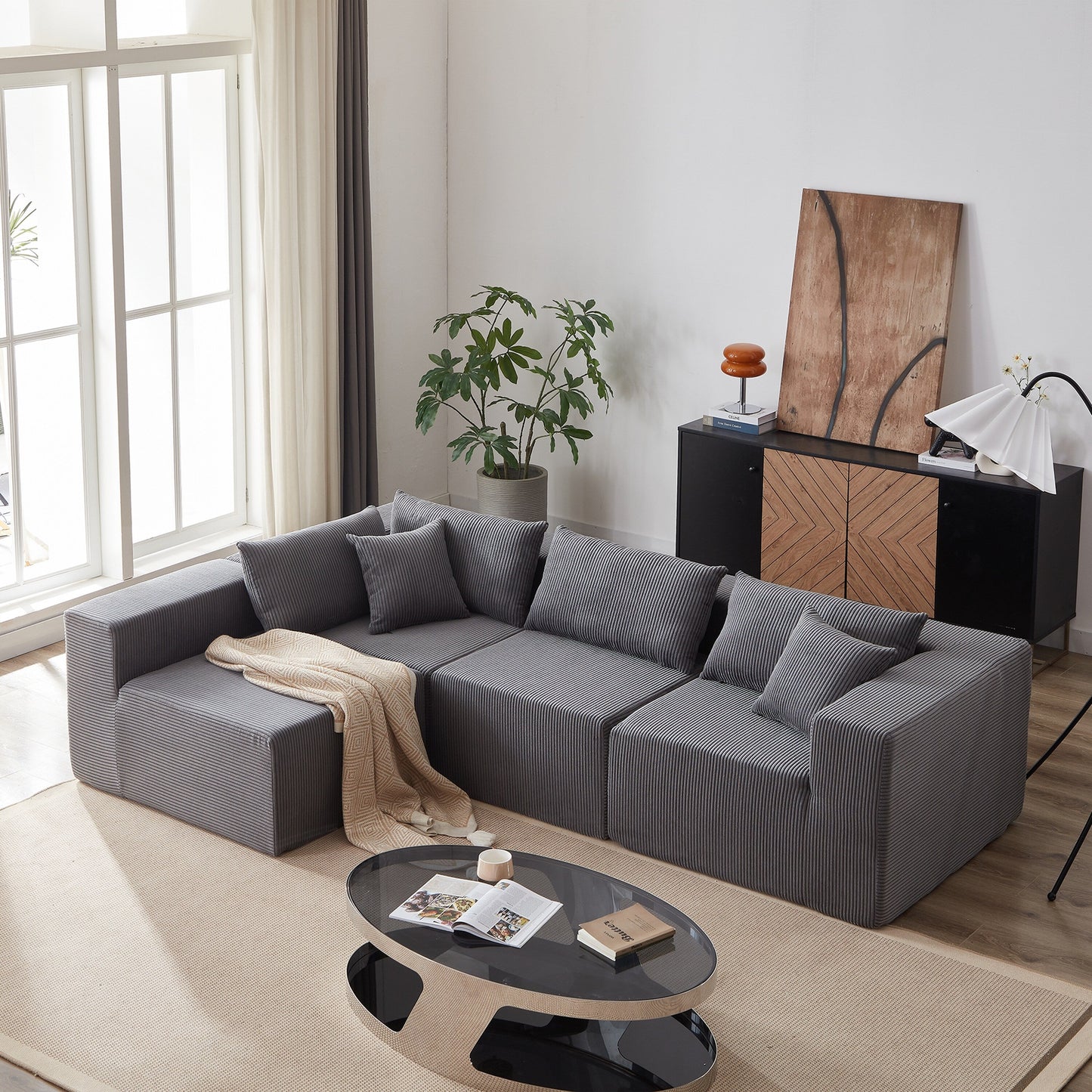 104-Inch Corduroy Modular L Shaped Sectional Sofa,Floor Couch Set,Foam-Filled Compressed Sofa,4 PC Free Combination