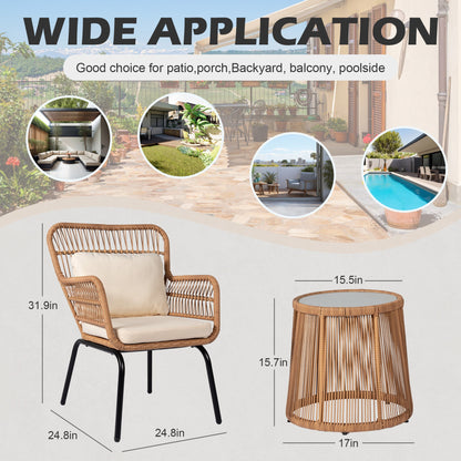 3 Piece Outdoor Wicker Conversation Bistro Set, All-Weather Rattan Furniture Patio Chairs Set with Cushions