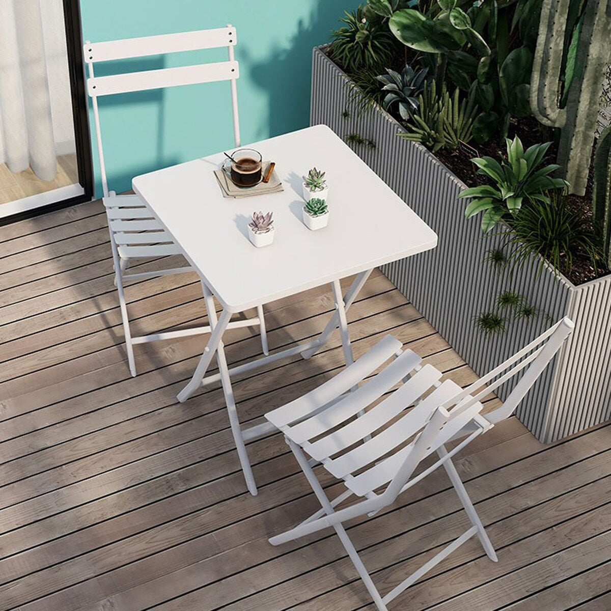 3 Piece Patio Minimalist Bistro Set Foldable Square Table & Chairs - 3-Piece