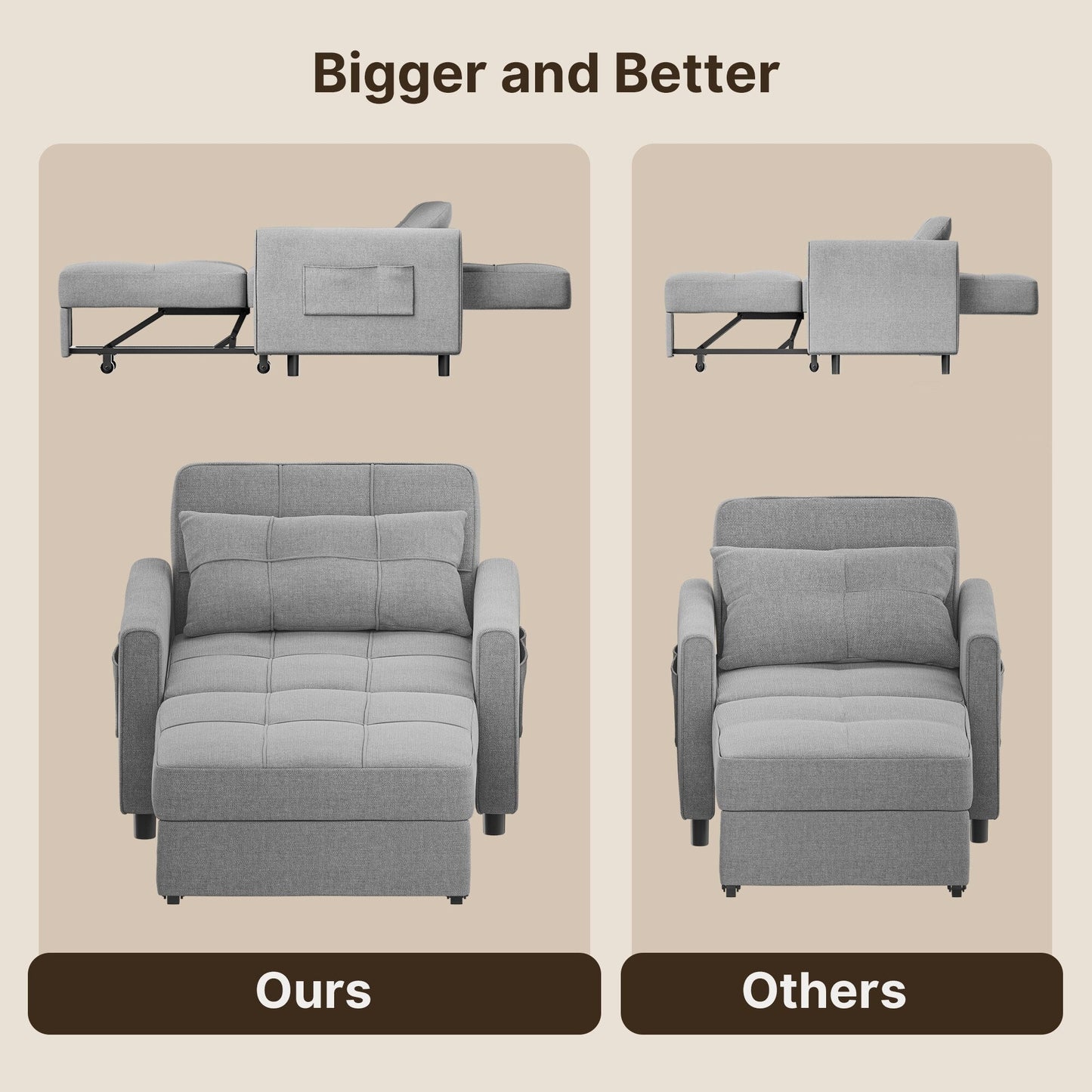 3-in-1 Pull-Out Sofa Bed Sleeper Chair , Convertible Adjustable Foldable Upholstered Lounge Couch