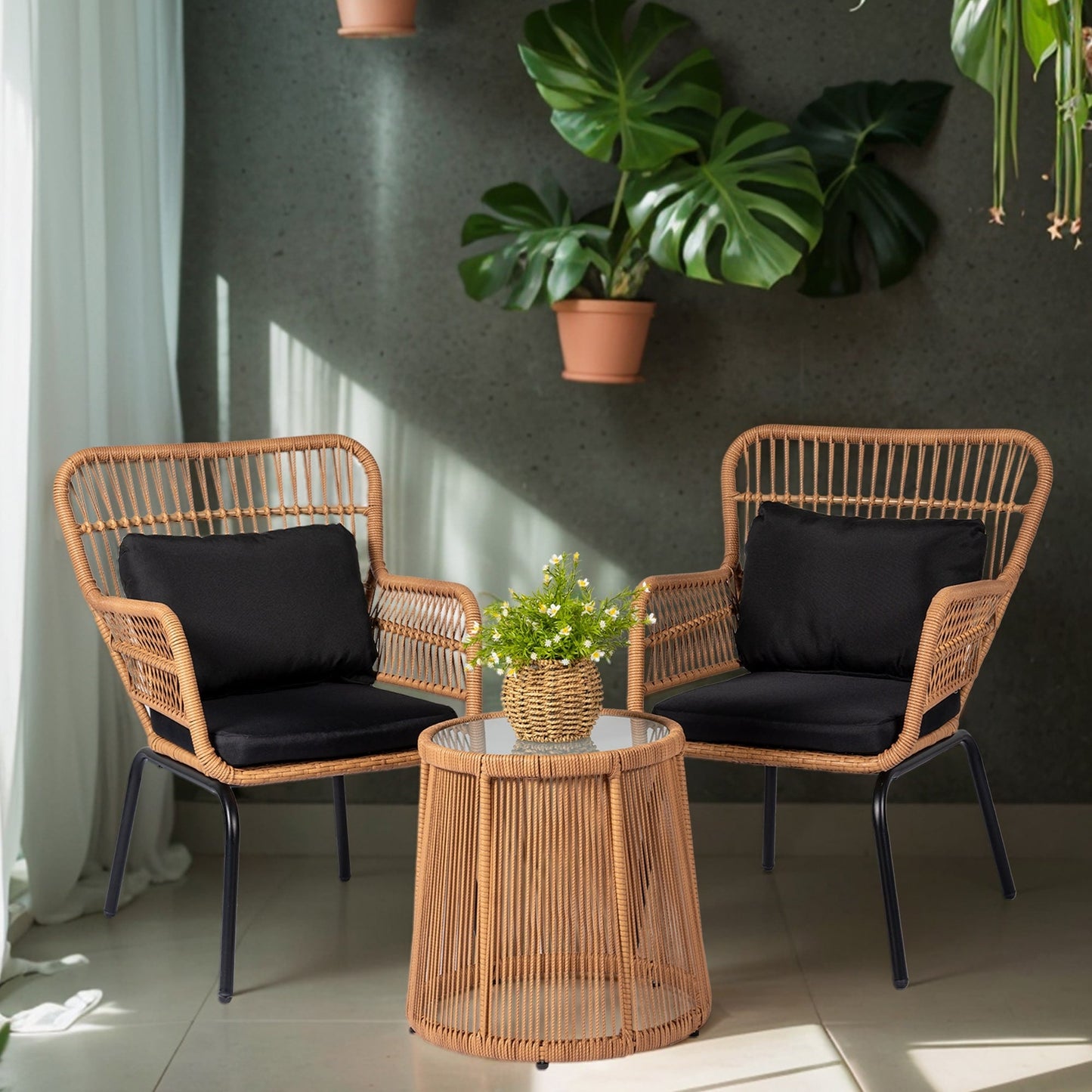 3 Piece Outdoor Wicker Conversation Bistro Set, All-Weather Rattan Furniture Patio Chairs Set with Cushions