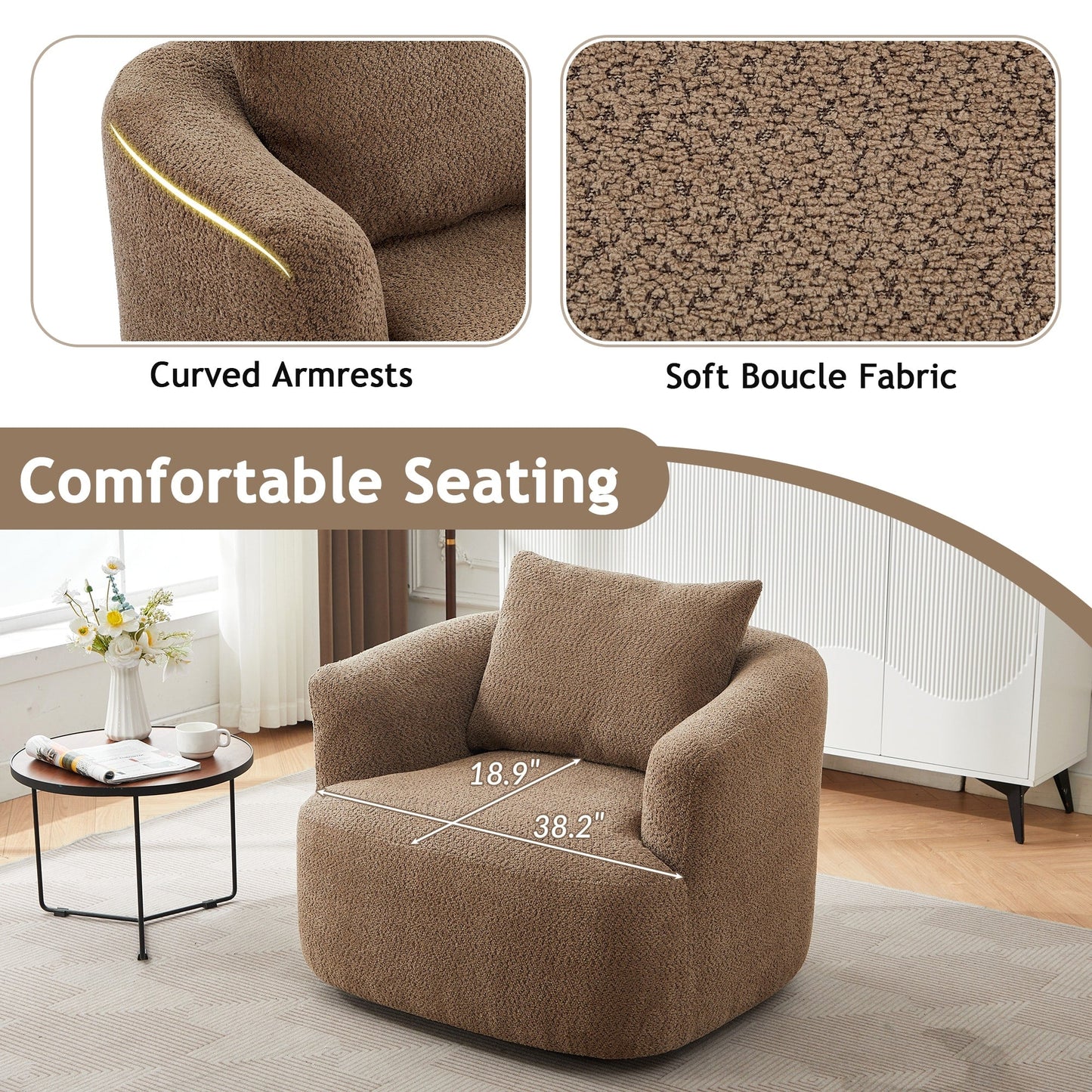 360¡ã Swivel Chair, 38.2 Boucle Accent Chair with Throw Pillow, Upholstered Barrel Sofa Chair with Curved Armrests