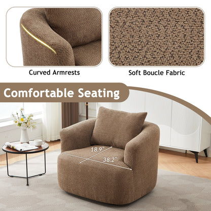 360¡ã Swivel Chair, 38.2 Boucle Accent Chair with Throw Pillow, Upholstered Barrel Sofa Chair with Curved Armrests
