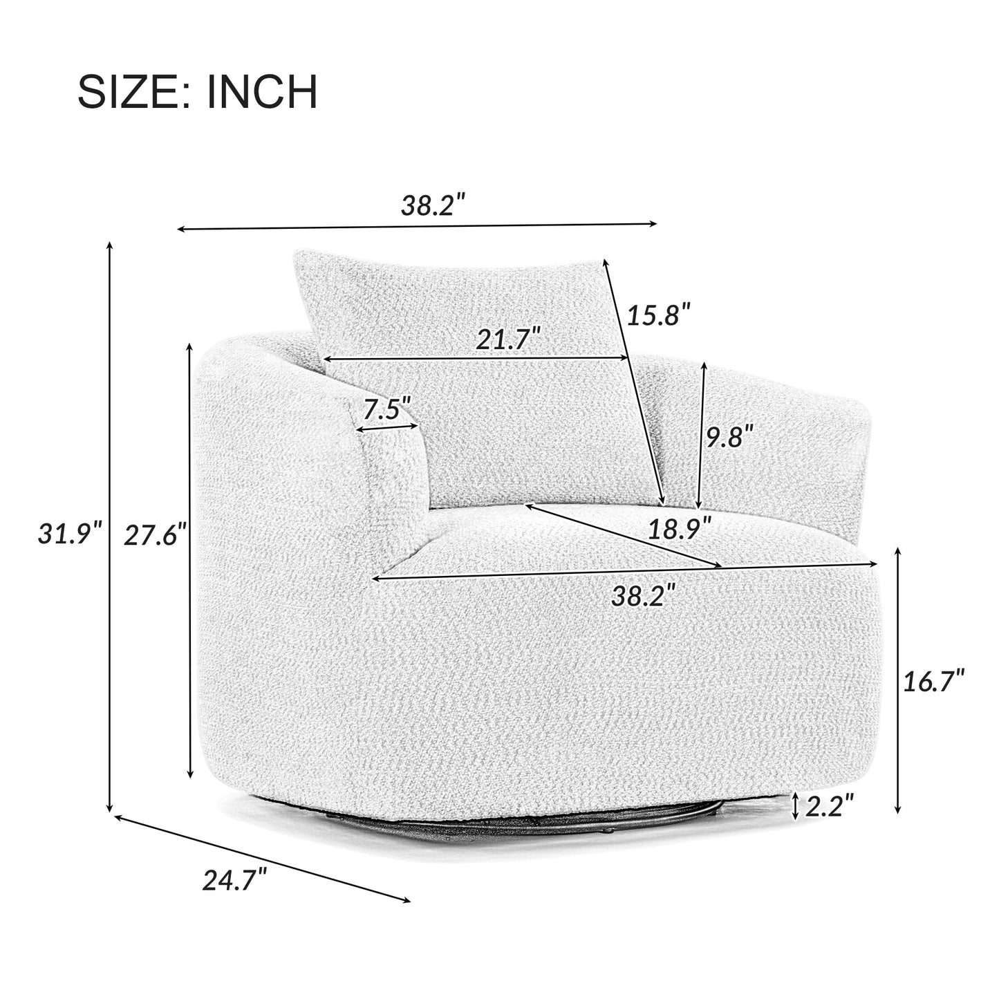 360¡ã Swivel Chair, 38.2 Boucle Accent Chair with Throw Pillow, Upholstered Barrel Sofa Chair with Curved Armrests