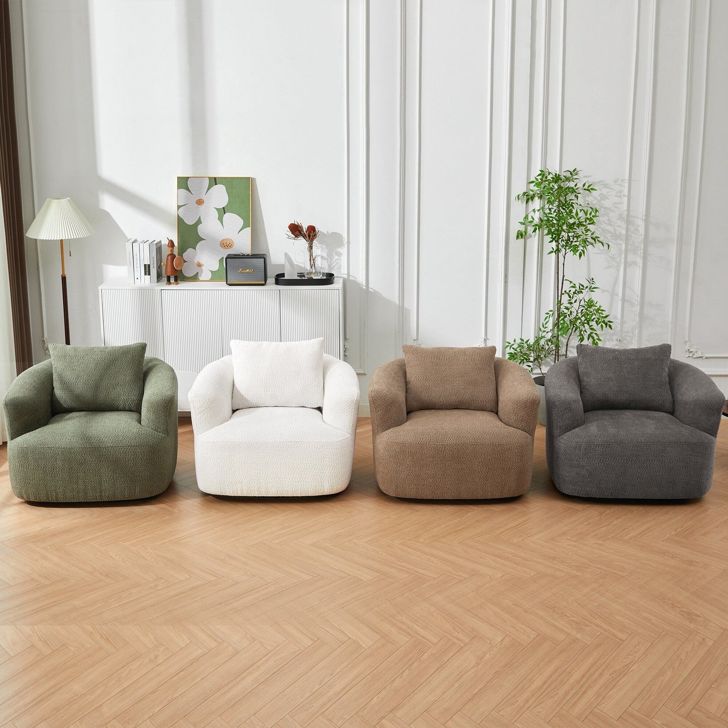 360¡ã Swivel Chair, 38.2 Boucle Accent Chair with Throw Pillow, Upholstered Barrel Sofa Chair with Curved Armrests