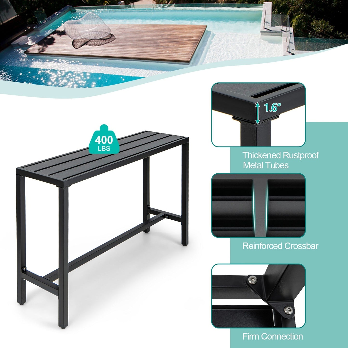 3PCS Patio Dining Table Set Metal Bar Table & Chairs Set with Cushion