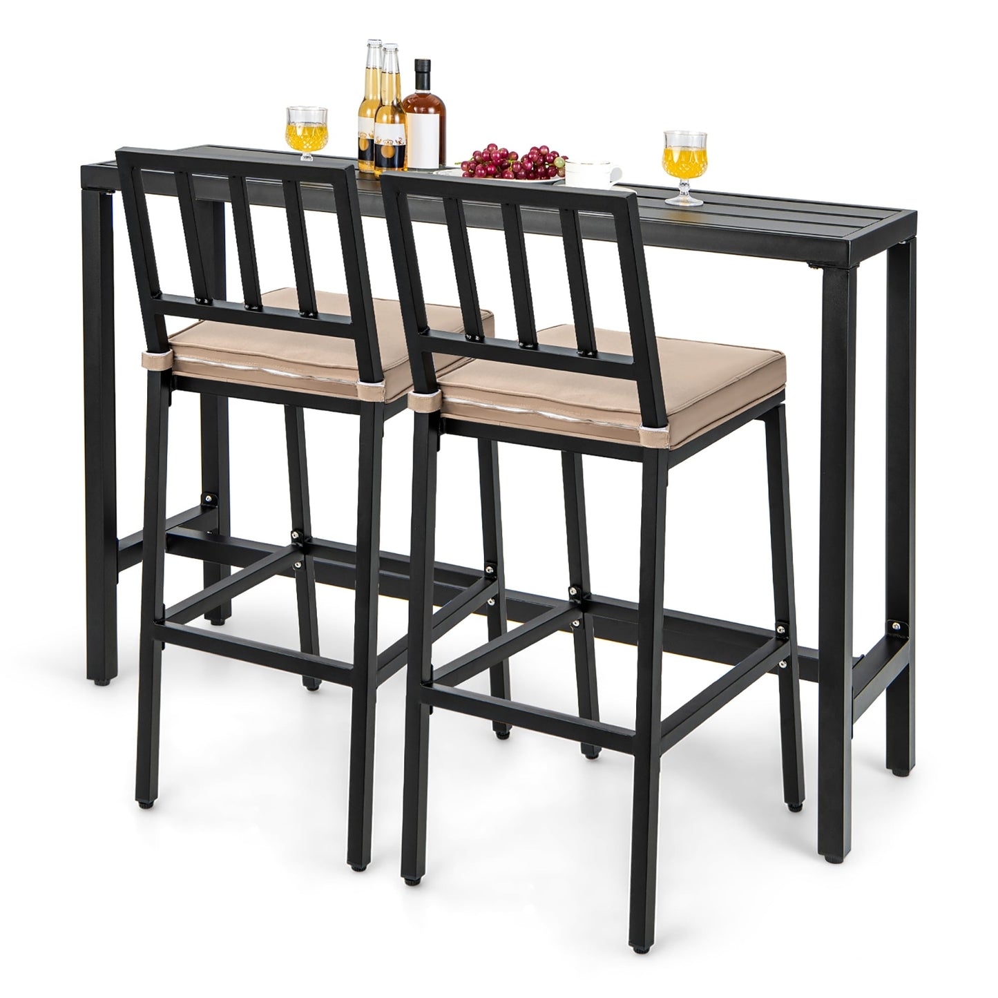 3PCS Patio Dining Table Set Metal Bar Table & Chairs Set with Cushion