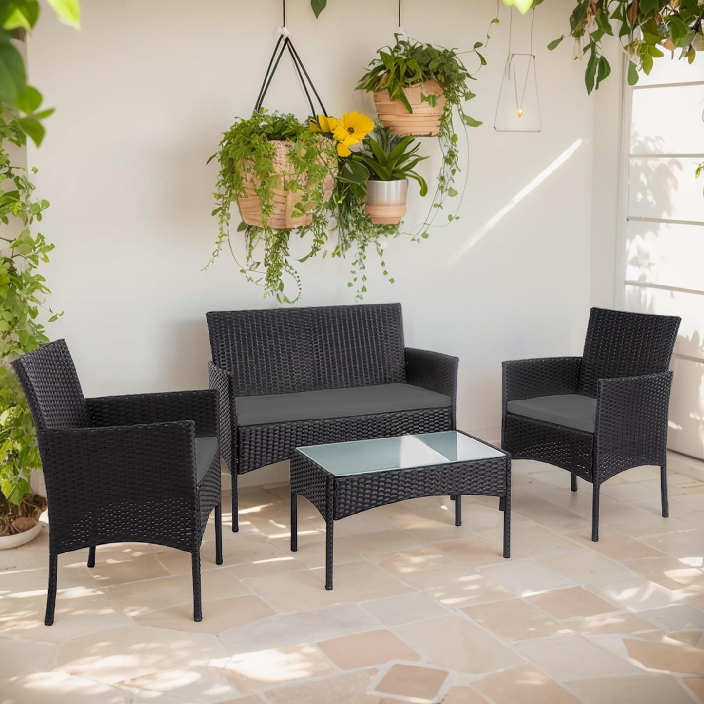 4 Piece Patio Conversation Wicker Furniture Set, Outdoor Rattan Sectional Furniture Set With Cushions