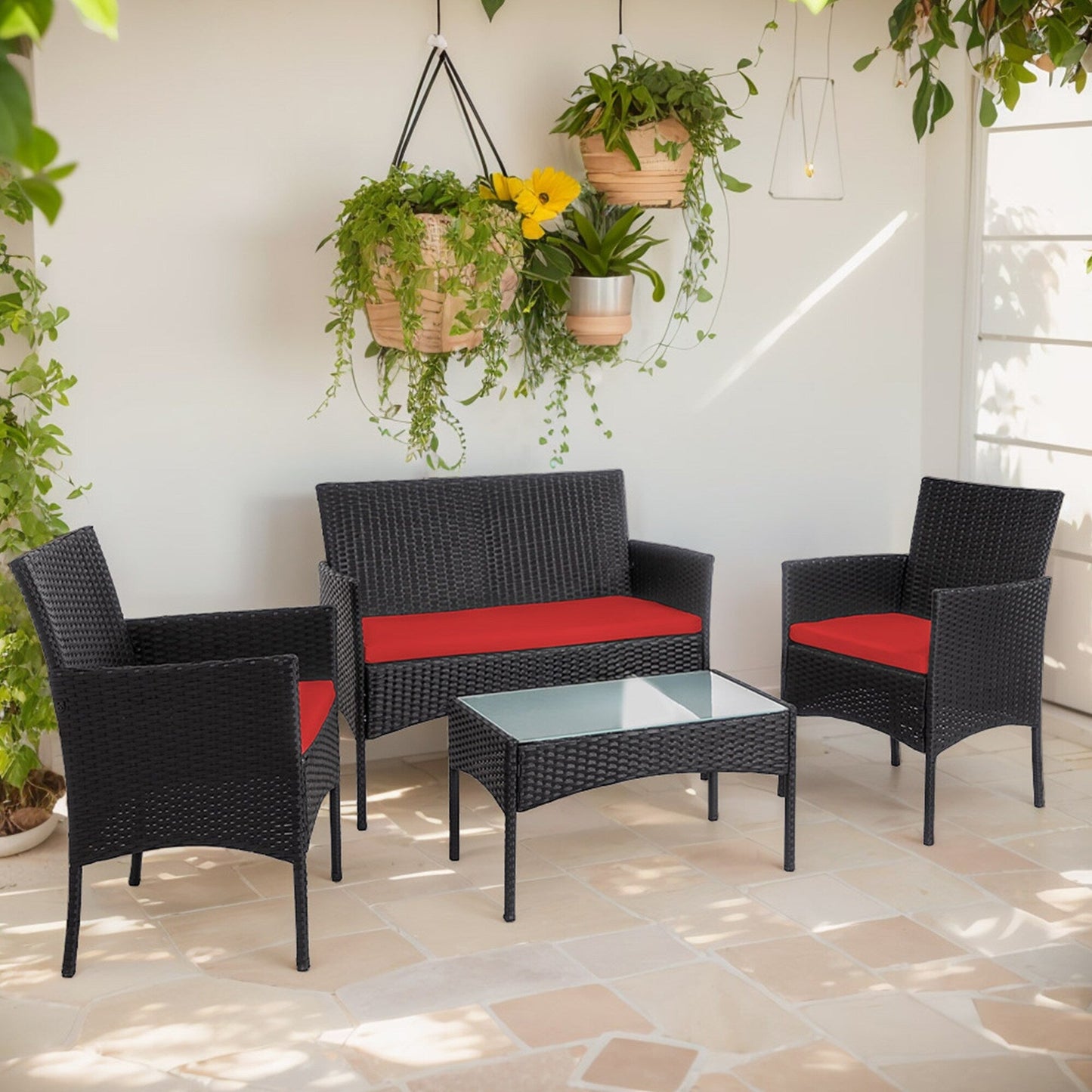 4 Piece Patio Conversation Wicker Furniture Set, Outdoor Rattan Sectional Furniture Set With Cushions