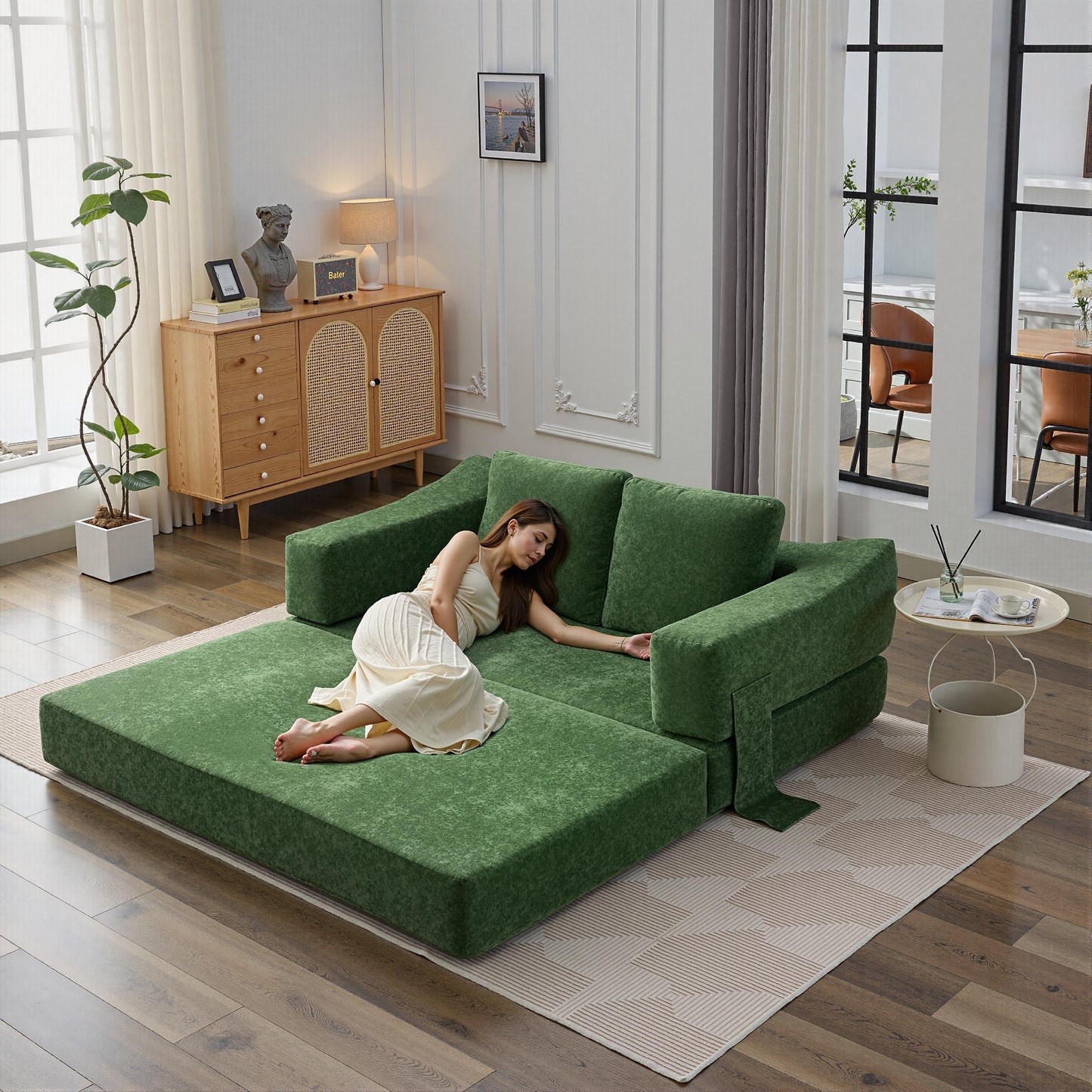 70.87 Upholstered Convertible Sleeper Sofa, Convertible Chair Floor Couch Comfy Sofa for Living Room, Bedroom, Chenille Fabric