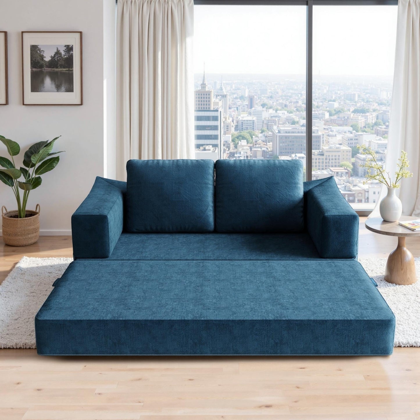 70.87 Upholstered Convertible Sleeper Sofa, Convertible Chair Floor Couch Comfy Sofa for Living Room, Bedroom, Chenille Fabric