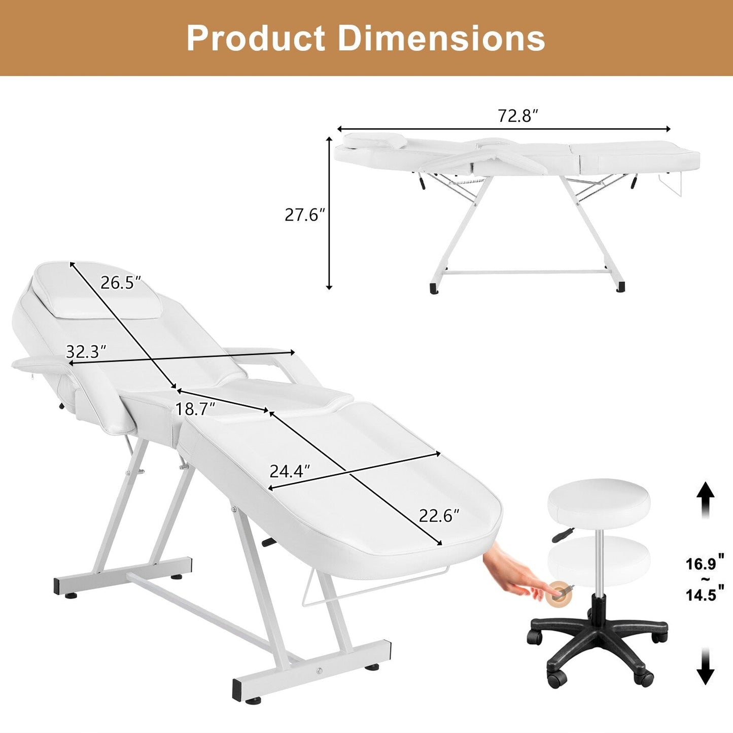 73 Adjustable Beauty Salon Spa Massage Bed Tattoo Chair with Stool