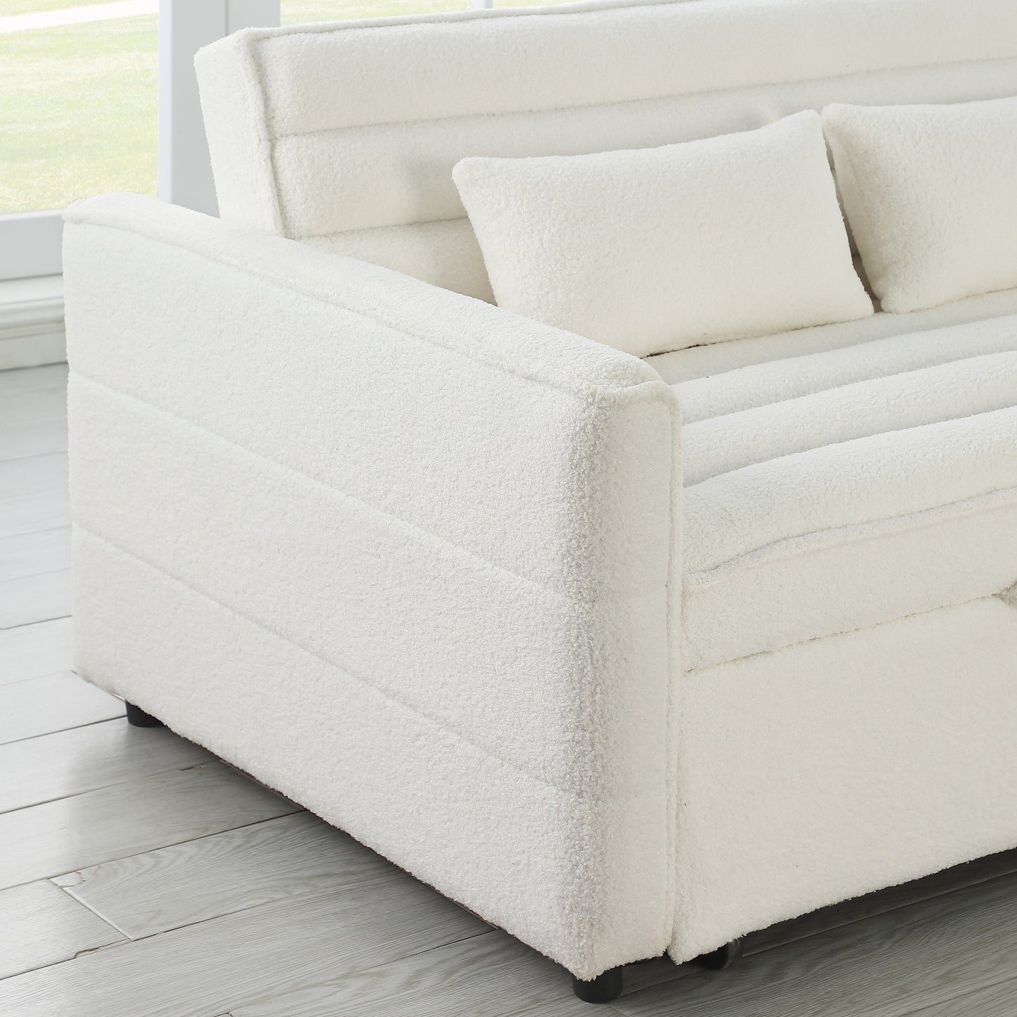 Beige 55.12 Boucle Loveseat Convertible Pull-Out Sofa Bed with Adjustable Back and 2 Waist Pillows for Living Room