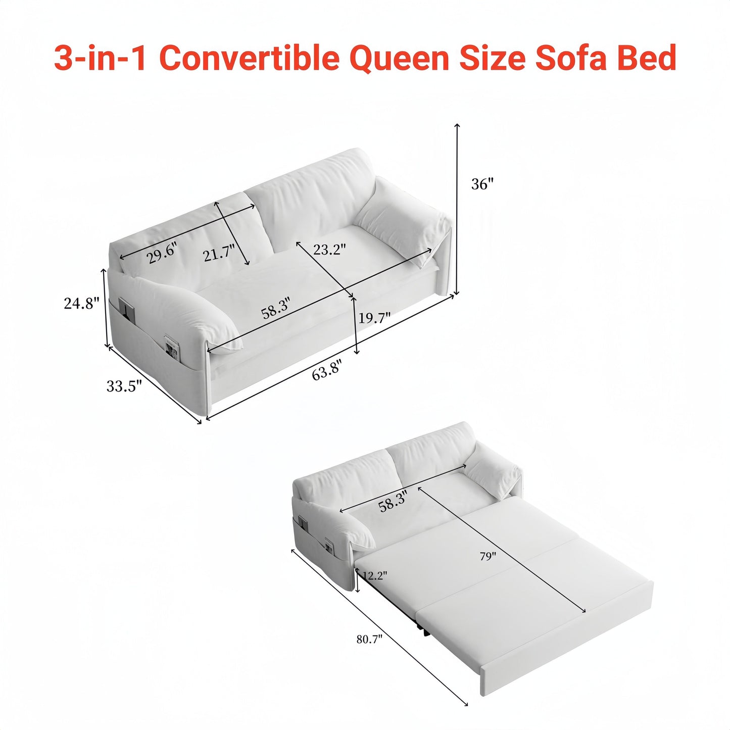 Black 63.8 3-in-1 Velvet Loveseat Pull Out Sofa Bed with Side Storage for Living Room