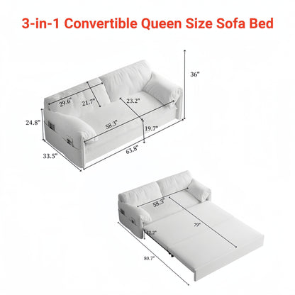 Black 63.8 3-in-1 Velvet Loveseat Pull Out Sofa Bed with Side Storage for Living Room