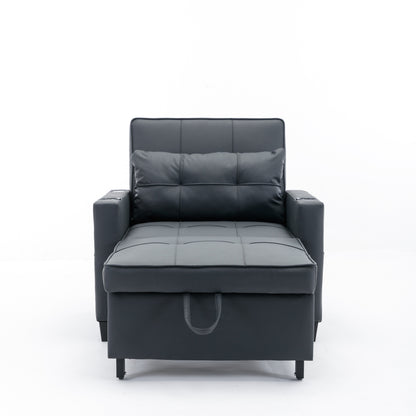 Black Faux Leather Convertible Sofa Bed with USB Ports