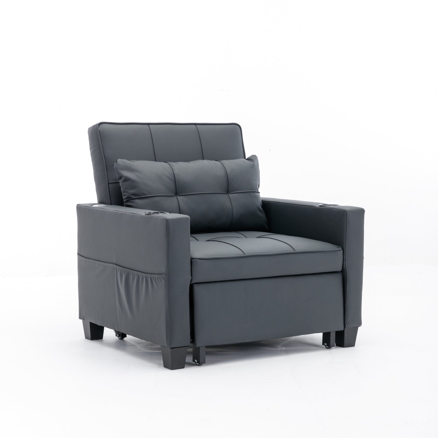 Black Faux Leather Convertible Sofa Bed with USB Ports