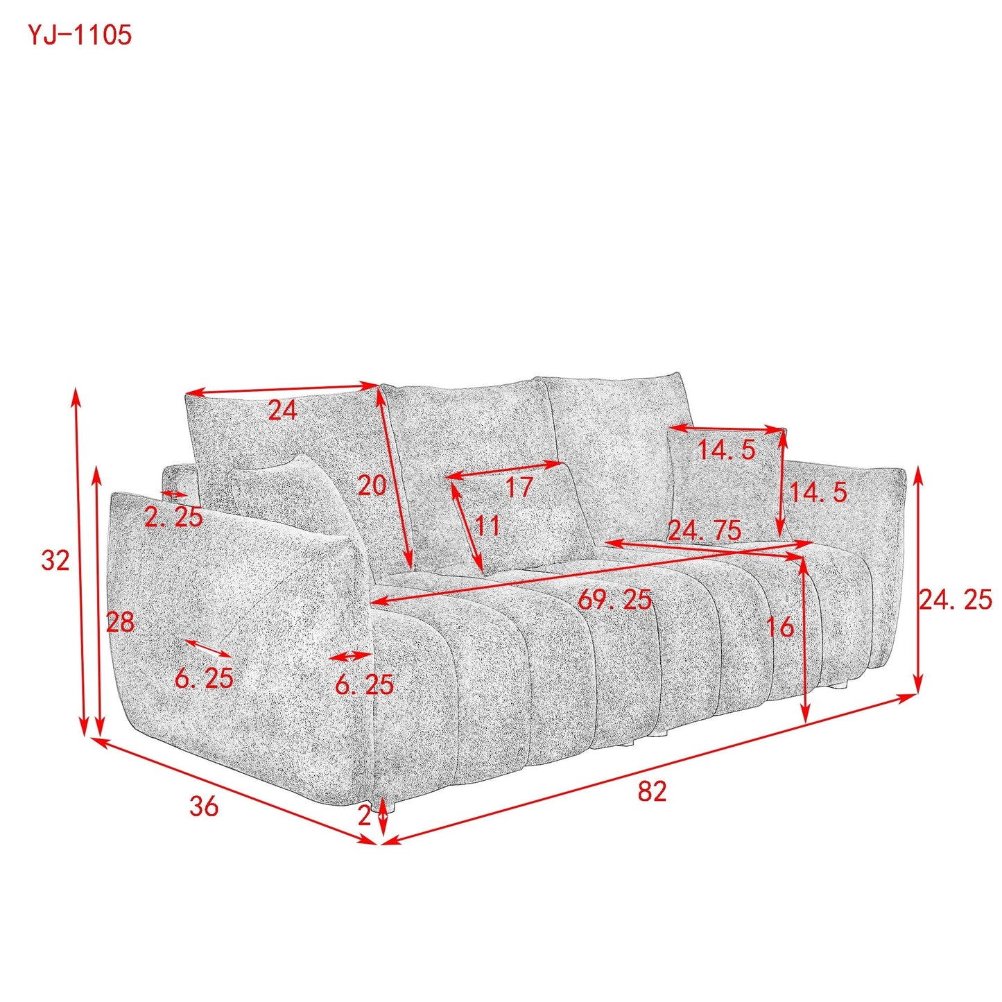 Black Teddy 3-seater Sofa with Back Pillows and Wood Frame