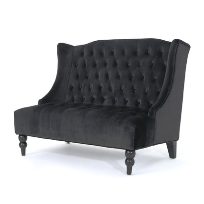 Black Velvet Button Tufted High Wingback Loveseat Sofa