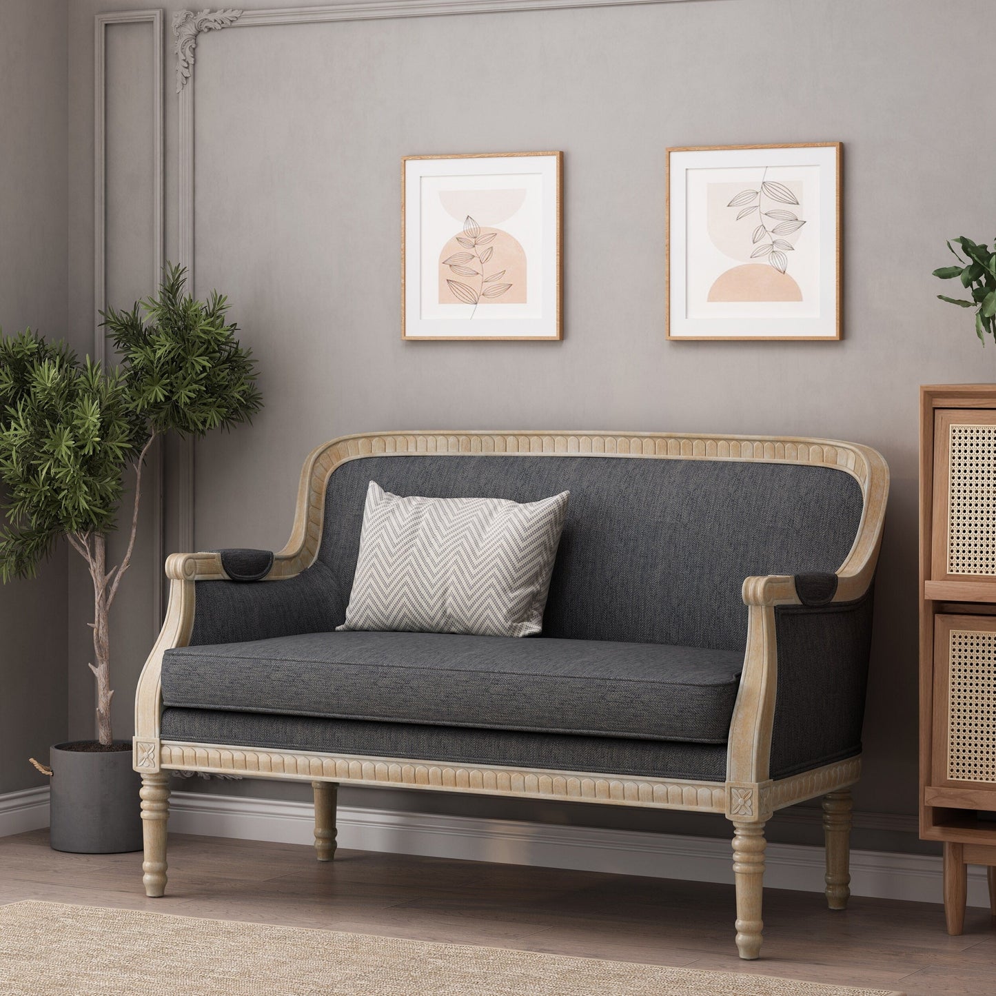 Charcoal Wood Loveseat Sofa with Rubber Wood Frame