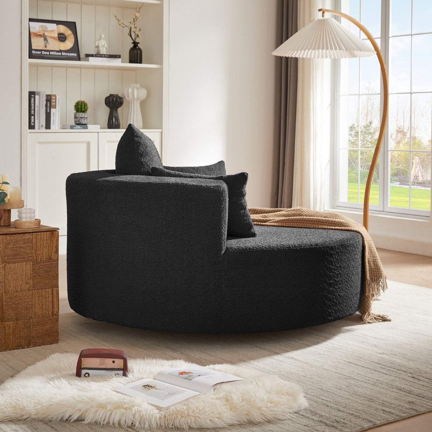 Chenille Accent Barrel Chair Lounge Chair, Round Sofa Chair Armchair with 360-Degree Swivel Base and 3 Removable Pillows