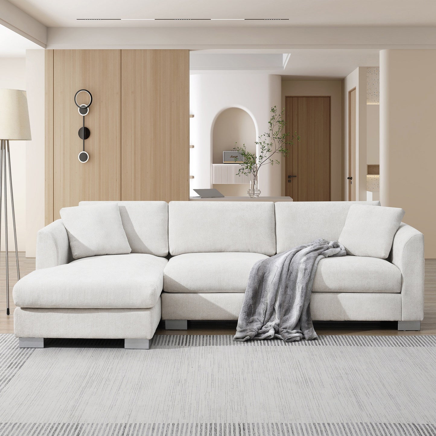 Cloud Sectional Sofa,L-Shaped Luxury Couch Set With 2 Free Pillows,4-Seat Chenille Indoor Furniture With Oversized Chaise