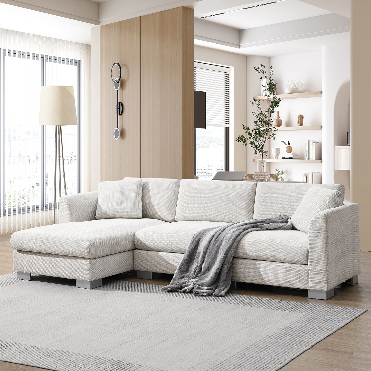 Cloud Sectional Sofa,L-Shaped Luxury Couch Set With 2 Free Pillows,4-Seat Chenille Indoor Furniture With Oversized Chaise