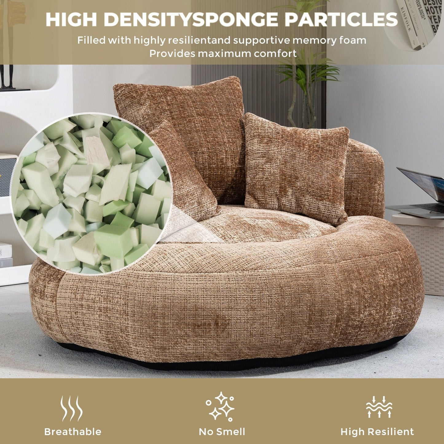 Coffee Oversized 42.52 Chenille Lazy Bean Bag Single Sofa with Three Pillows for Bedroom