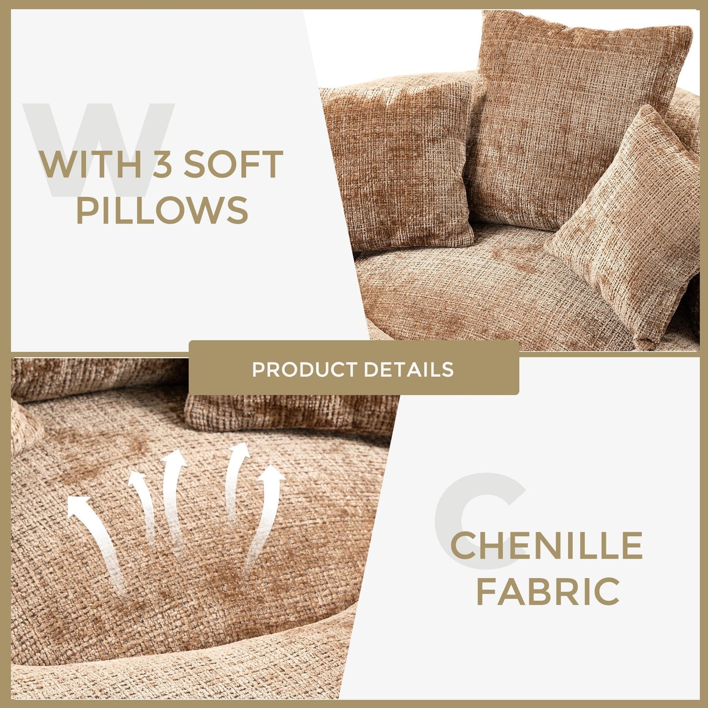 Coffee Oversized 42.52 Chenille Lazy Bean Bag Single Sofa with Three Pillows for Bedroom