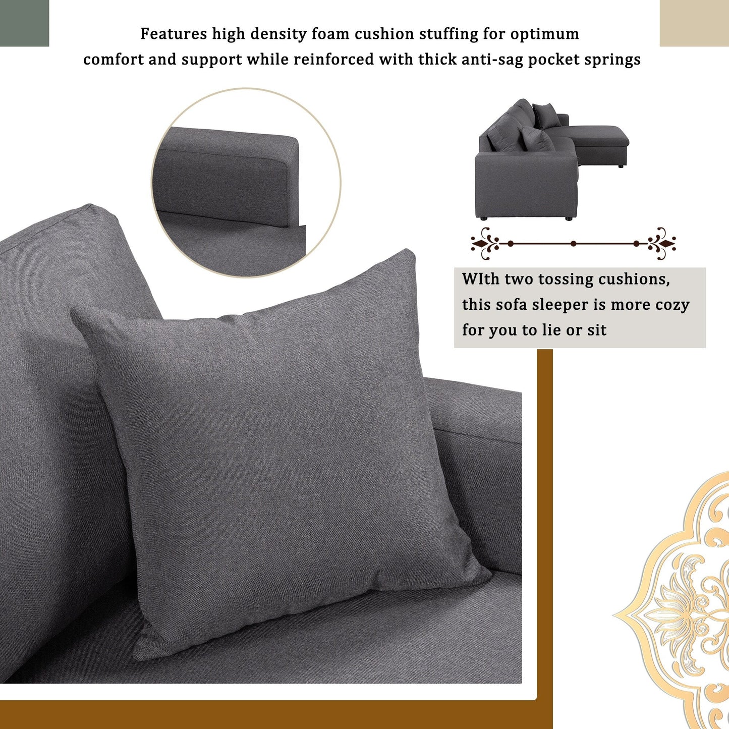 Convertible L-Shaped Sectional Sofa with Pull-Out Bed and Storage Space, 2 Tossing Cushions