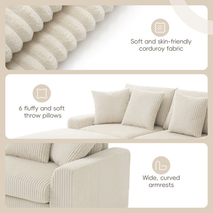 Corduroy Sectional Sofa with Bluetooth Speakers, USB Charger, Cup Holders, Storage, Ottoman, Deep and Wide Seat