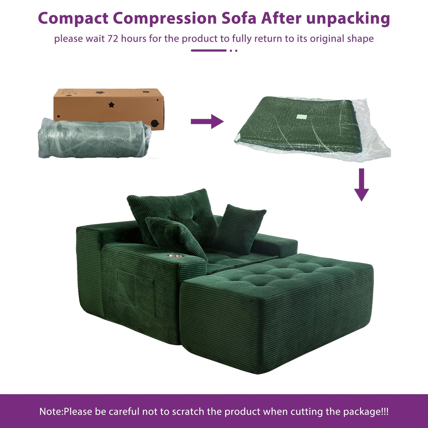 Corduroy Upholstered Memory Foam Sofa With Ottoman Upholstered Bean Bag Couch - 48.4Lx67.7Wx24.4H