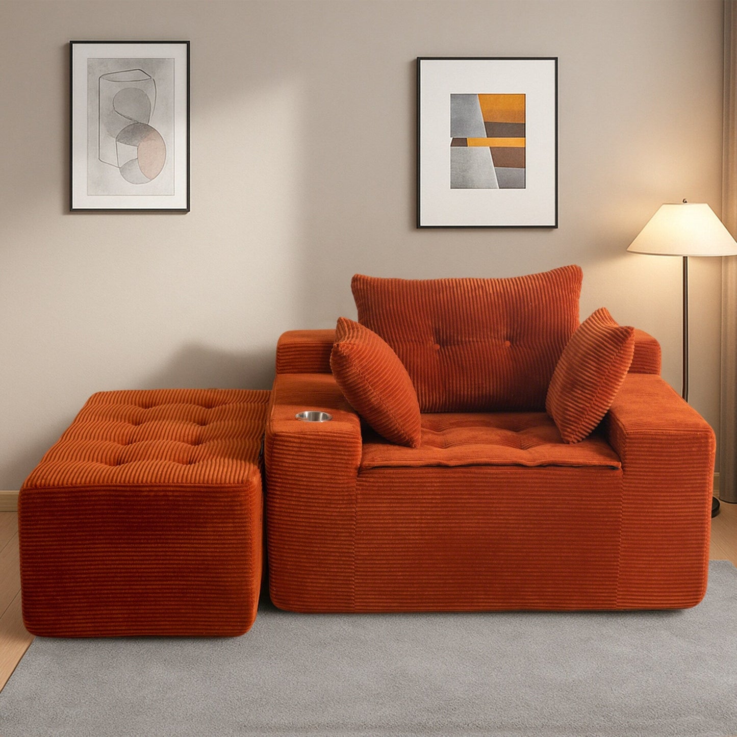 Corduroy Upholstered Memory Foam Sofa With Ottoman Upholstered Bean Bag Couch - 48.4Lx67.7Wx24.4H