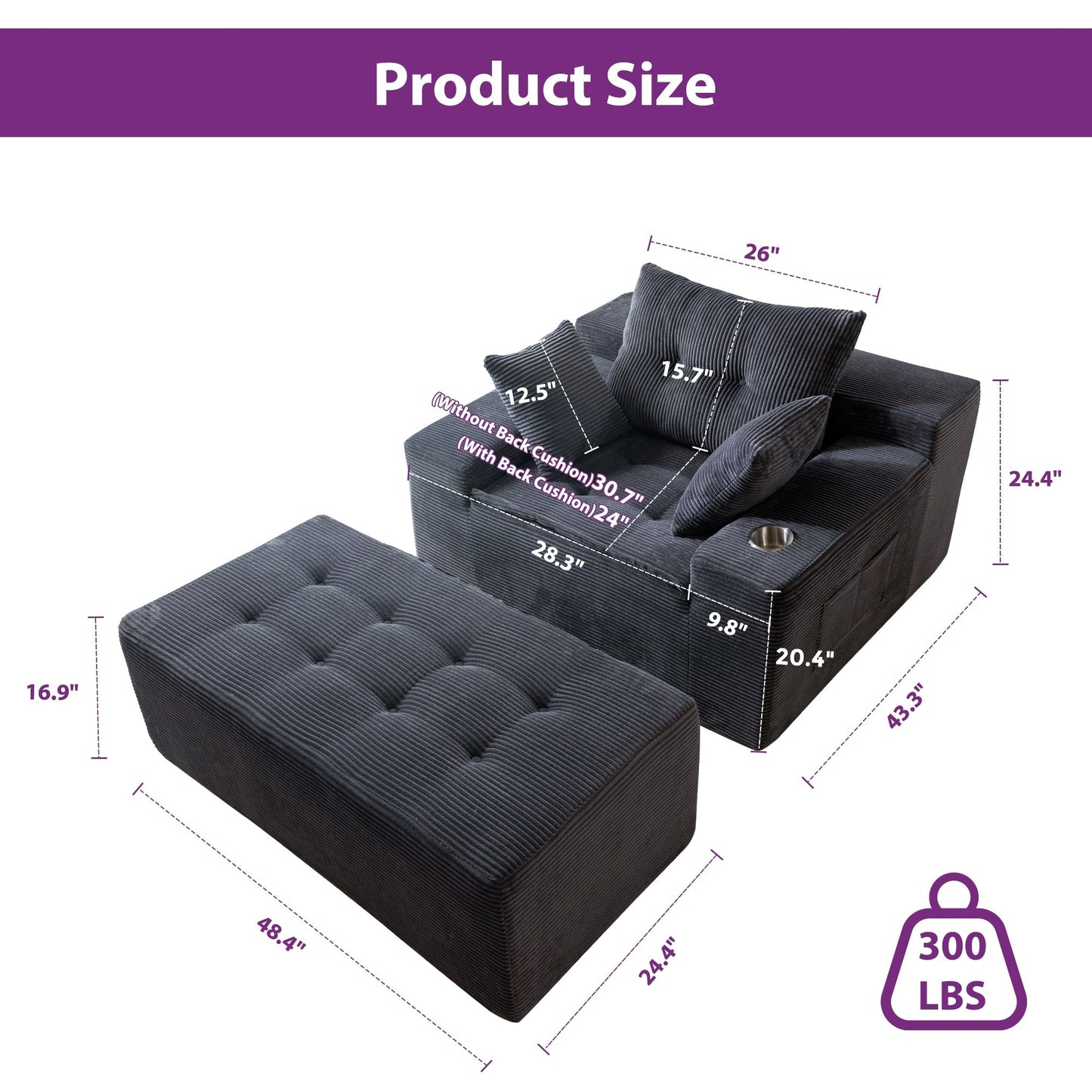 Corduroy Upholstered Memory Foam Sofa With Ottoman Upholstered Bean Bag Couch - 48.4Lx67.7Wx24.4H