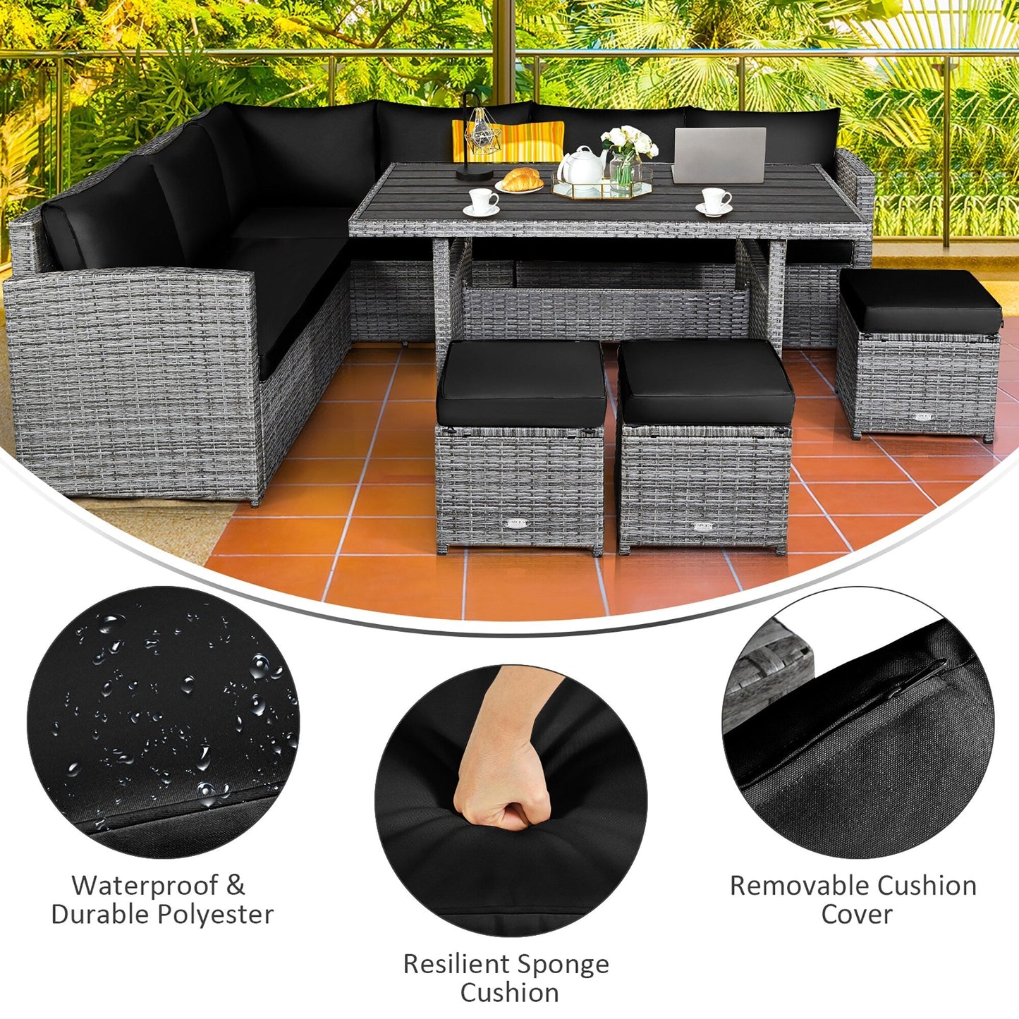 Costway 7 PCS Patio Rattan Dining Set Sectional Sofa Couch Ottoman - See Details