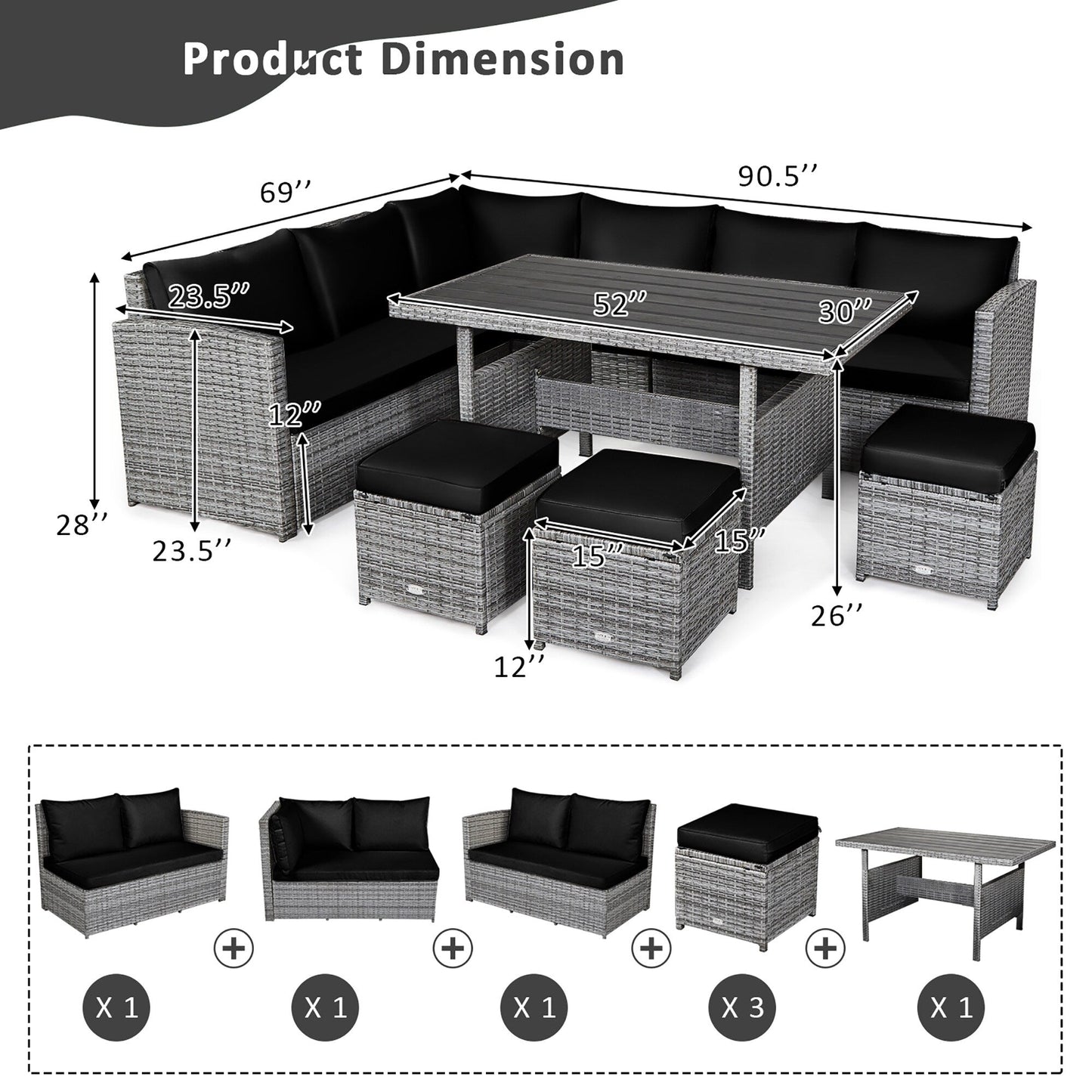 Costway 7 PCS Patio Rattan Dining Set Sectional Sofa Couch Ottoman - See Details