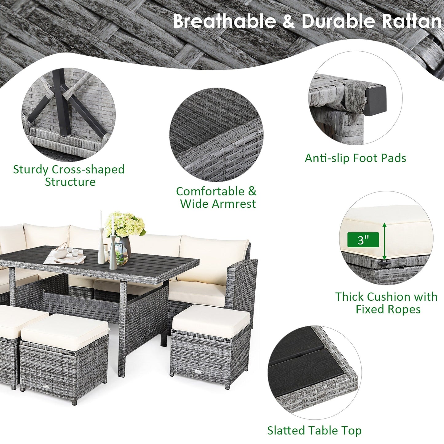Costway 7 PCS Patio Rattan Dining Set Sectional Sofa Couch Ottoman - See Details