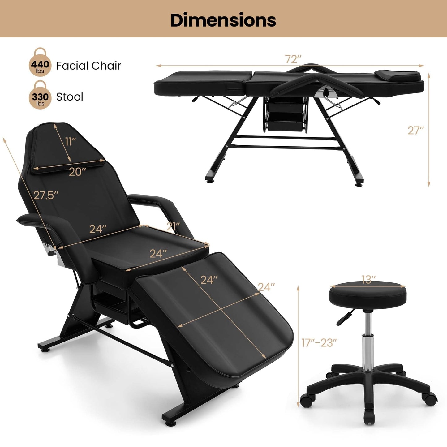 Costway 72 Massage Bed with Hydraulic Stool Adjustable Backrest &