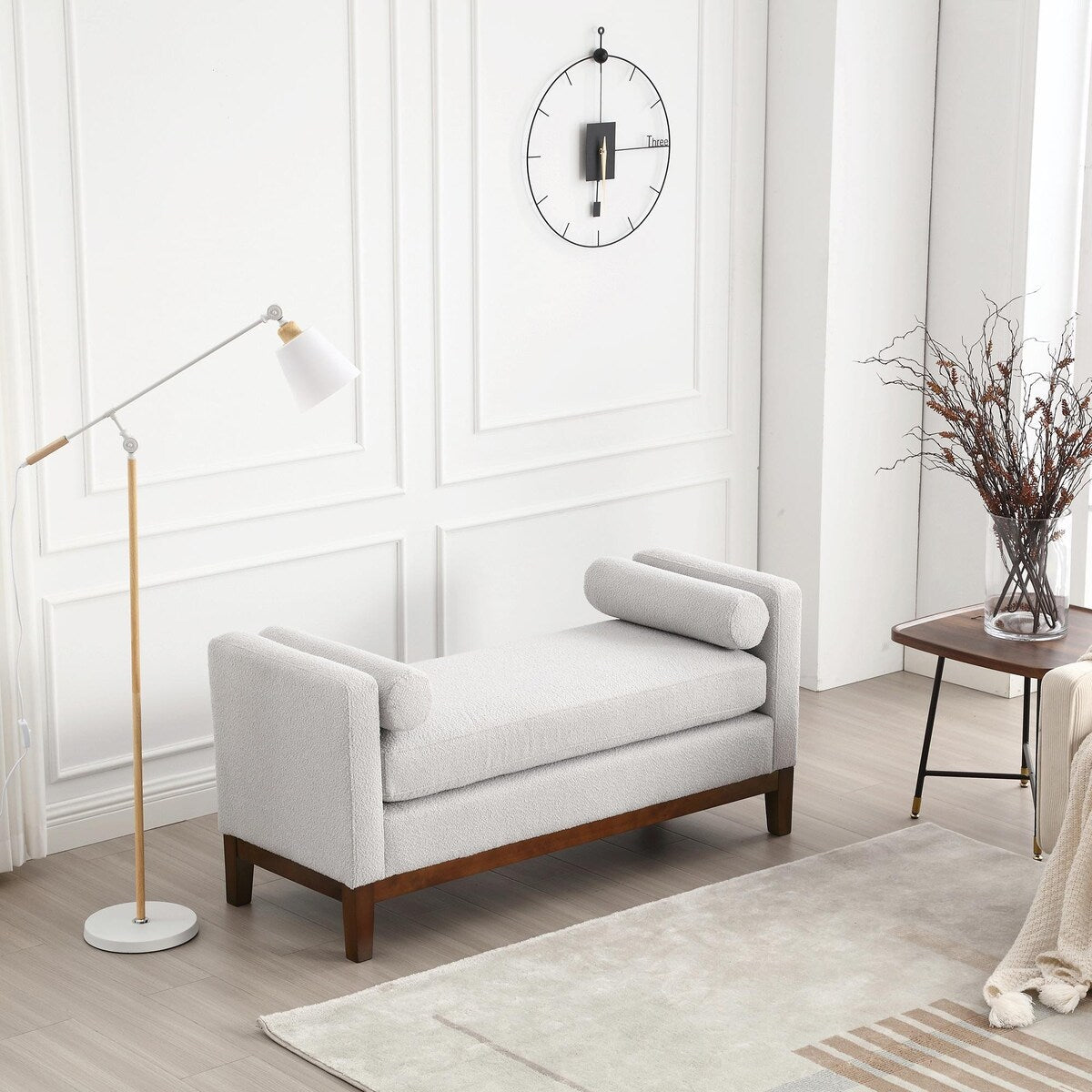 Elegant 53.5 Upholstered Ottoman Bench with Wood Legs & Bolster Pillows