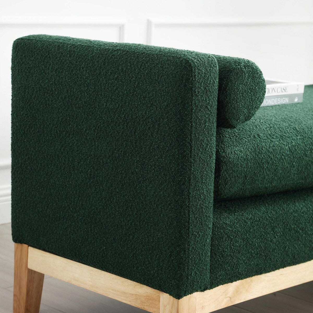 Elegant 53.5 Upholstered Ottoman Bench with Wood Legs & Bolster Pillows