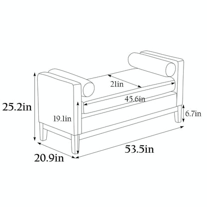 Elegant 53.5 Upholstered Ottoman Bench with Wood Legs & Bolster Pillows