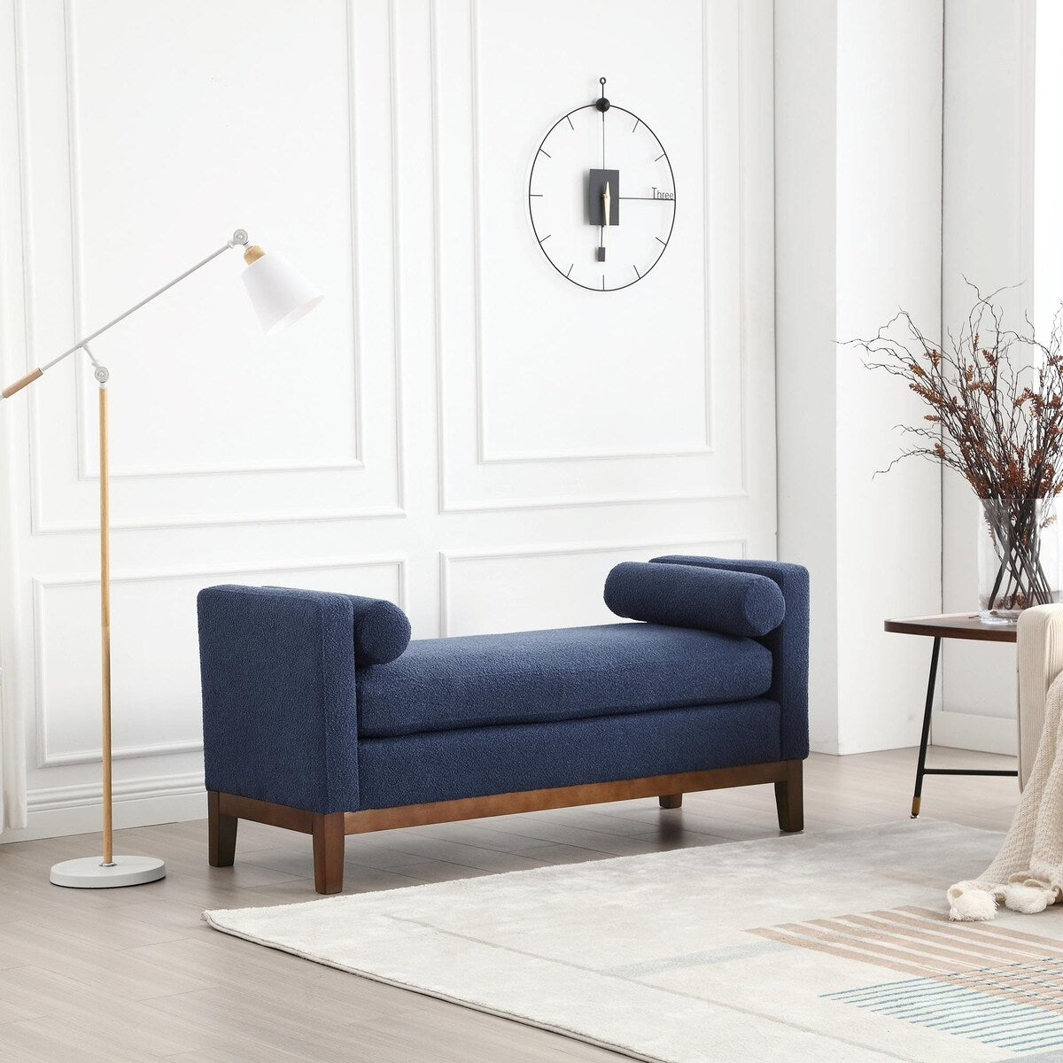 Elegant 53.5 Upholstered Ottoman Bench with Wood Legs & Bolster Pillows