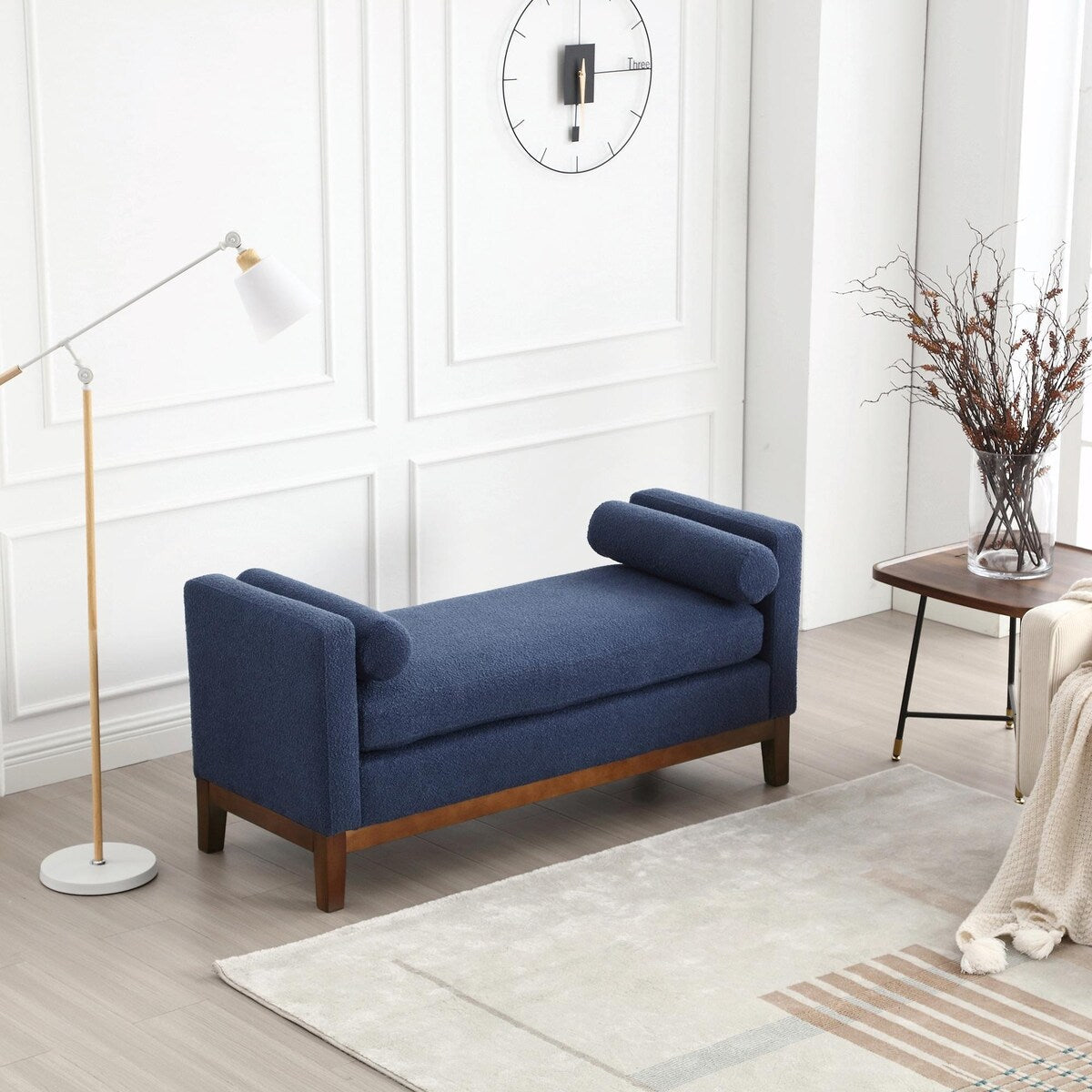 Elegant 53.5 Upholstered Ottoman Bench with Wood Legs & Bolster Pillows