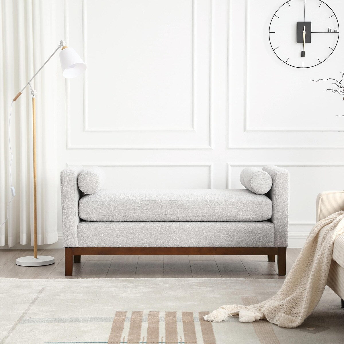 Elegant 53.5 Upholstered Ottoman Bench with Wood Legs & Bolster Pillows