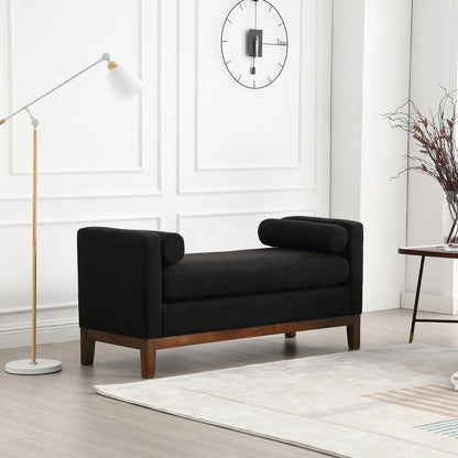 Elegant 53.5 Upholstered Ottoman Bench with Wood Legs & Bolster Pillows