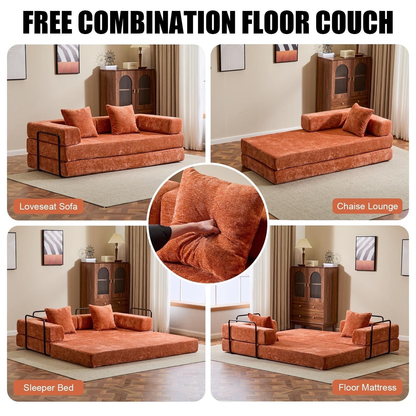 Floor Sofa Bed Convertible with Pillow Back Chenille Fabric for Living Room Bedroom